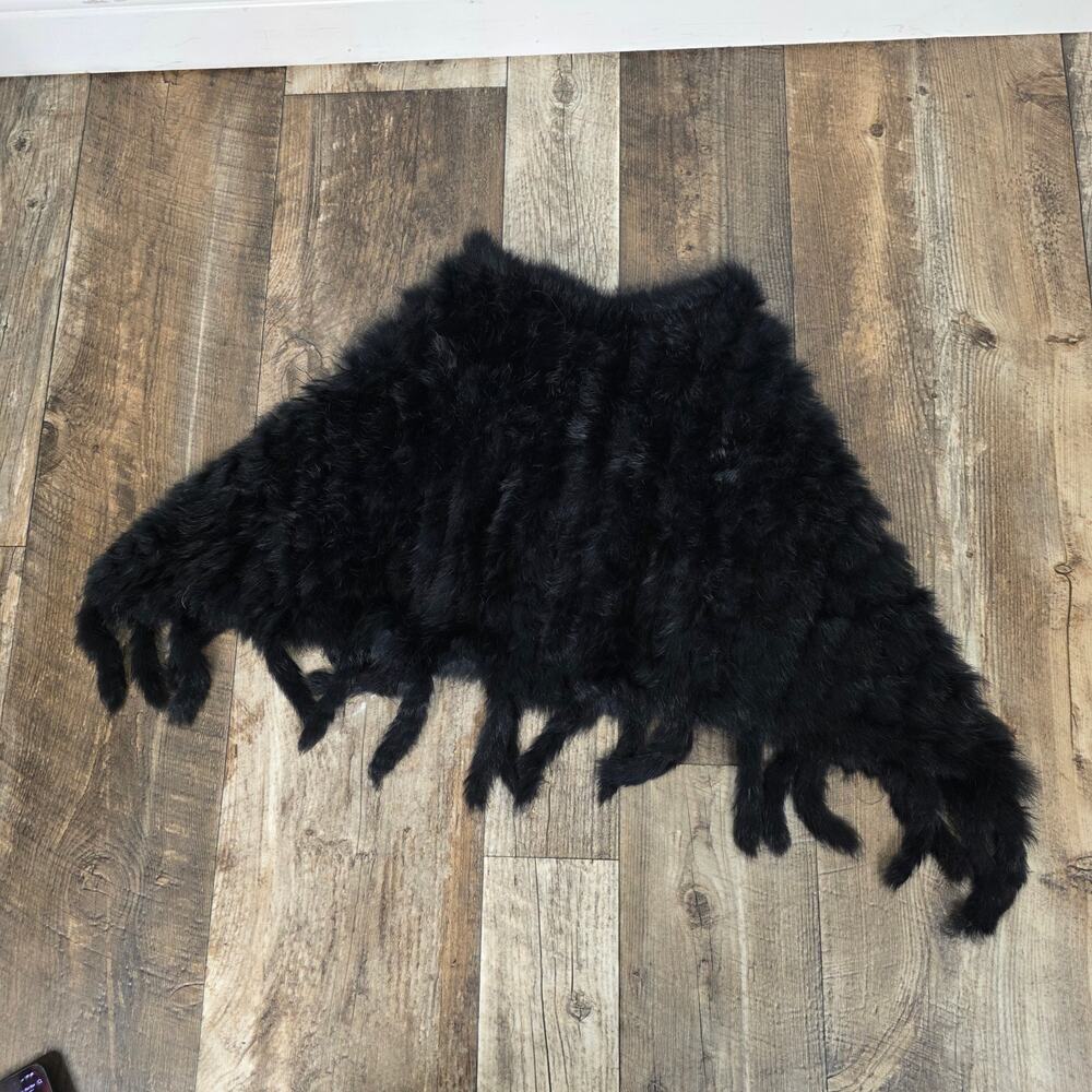 Rabbit Fur Poncho Cape Fringe Shawl Womens Goth Hollywood Glam Black - Picture 4 of 5